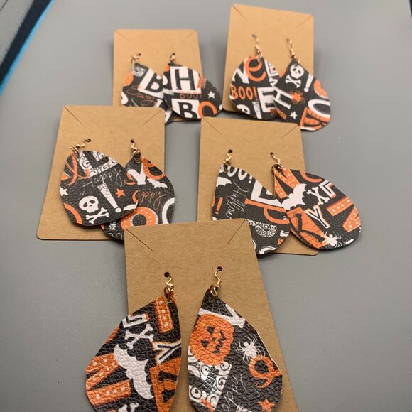 Lot of 5 Boo & Halloween Faux Leather Teardrop Earrings - Picture 1 of 4